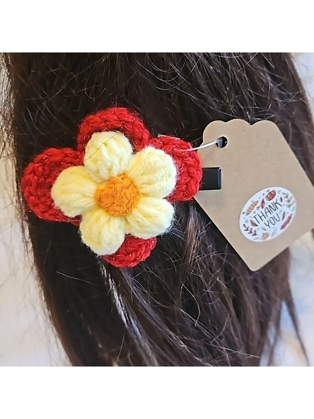 Hand Crafted bow hair accessory crochet red flower black alligator clip boho